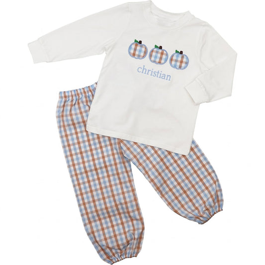 Khaki And Blue Check Applique Pumpkins Ankle Pant Set
