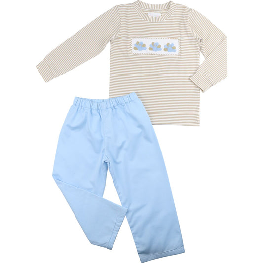 Khaki And Blue Stripe Smocked Turkey Pant Set