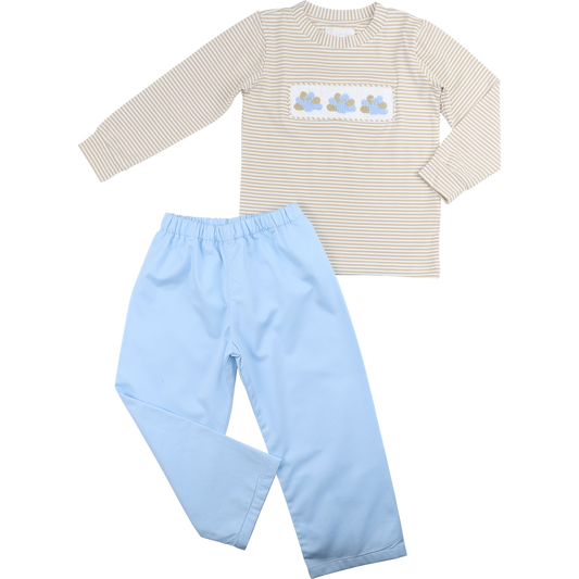 Khaki And Blue Stripe Smocked Turkey Pant Set