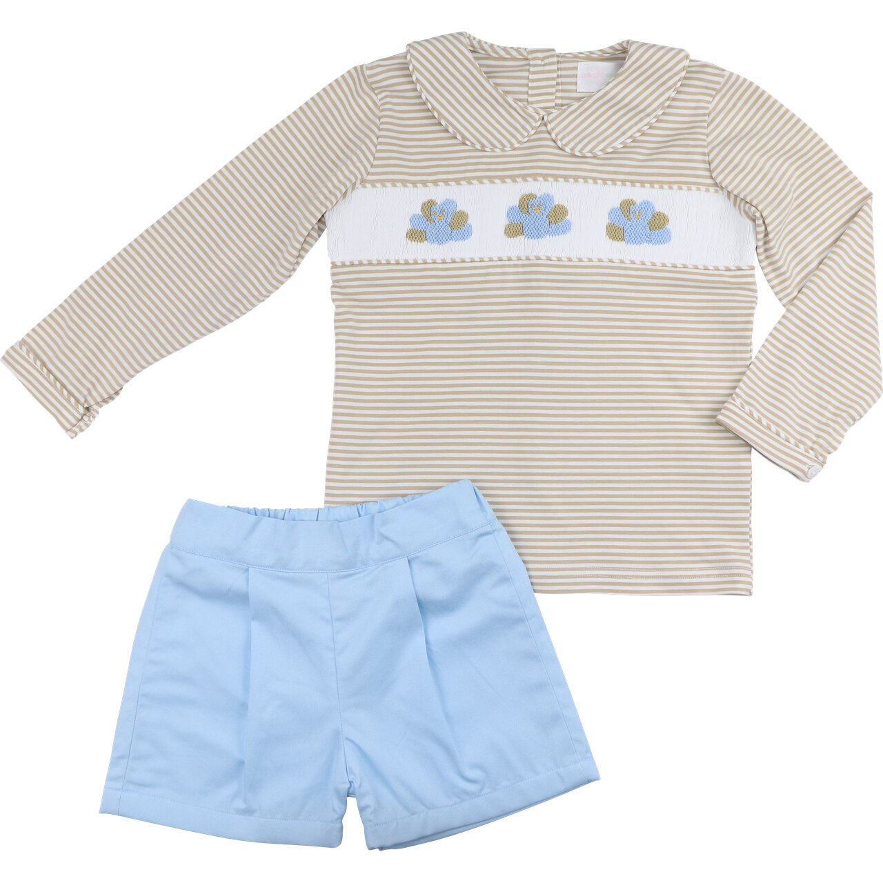 Khaki And Blue Stripe Smocked Turkey Short Set