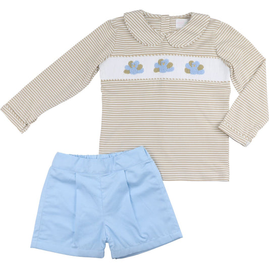 Khaki And Blue Stripe Smocked Turkey Short Set