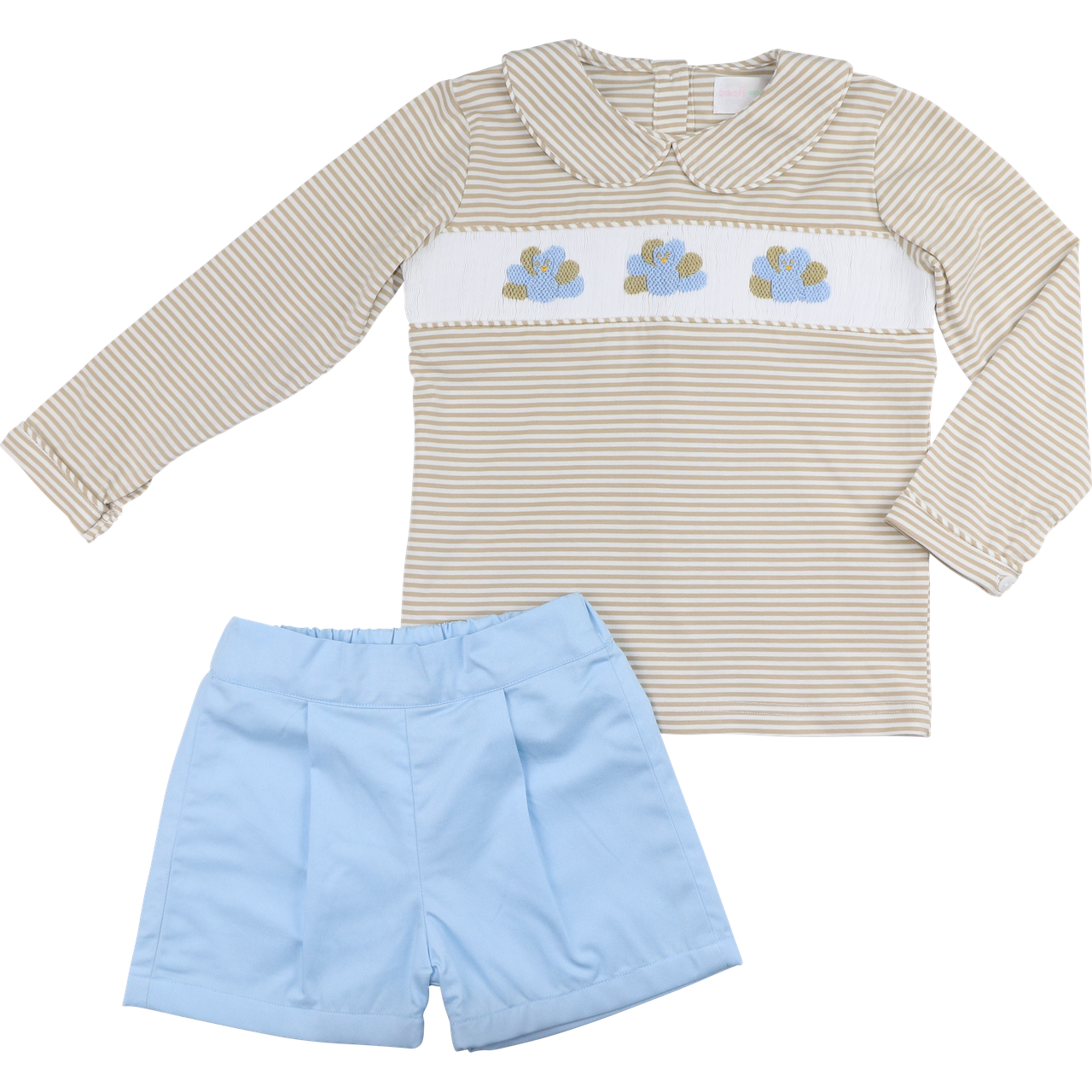 Khaki And Blue Stripe Smocked Turkey Short Set