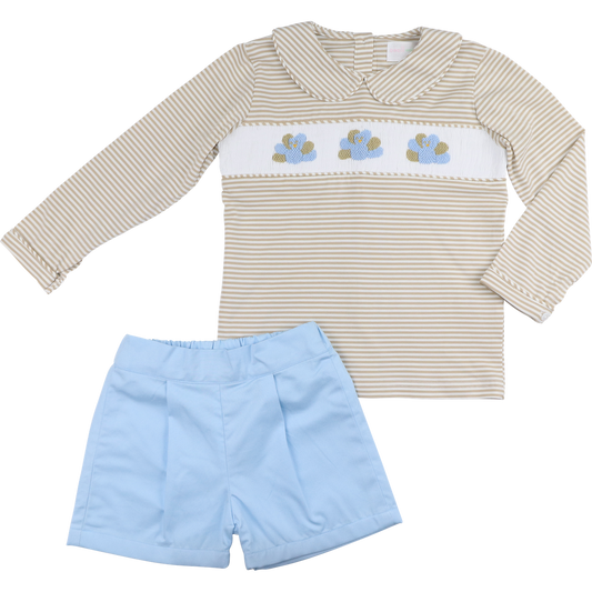 Khaki And Blue Stripe Smocked Turkey Short Set