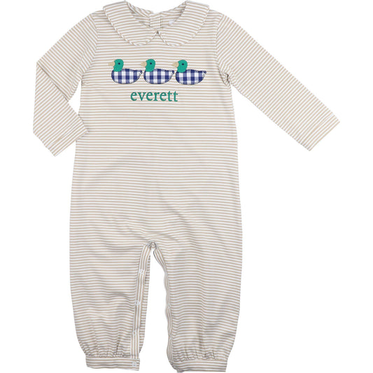 Khaki Stripe Knit Applique Mallard Long Romper