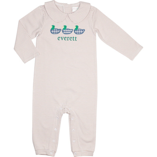 Khaki Stripe Knit Applique Mallard Long Romper1