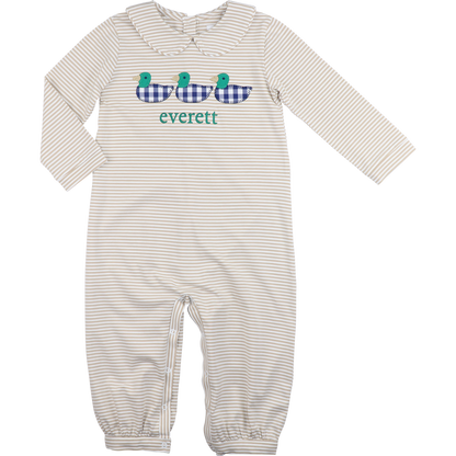 Khaki Stripe Knit Applique Mallards Long Romper
