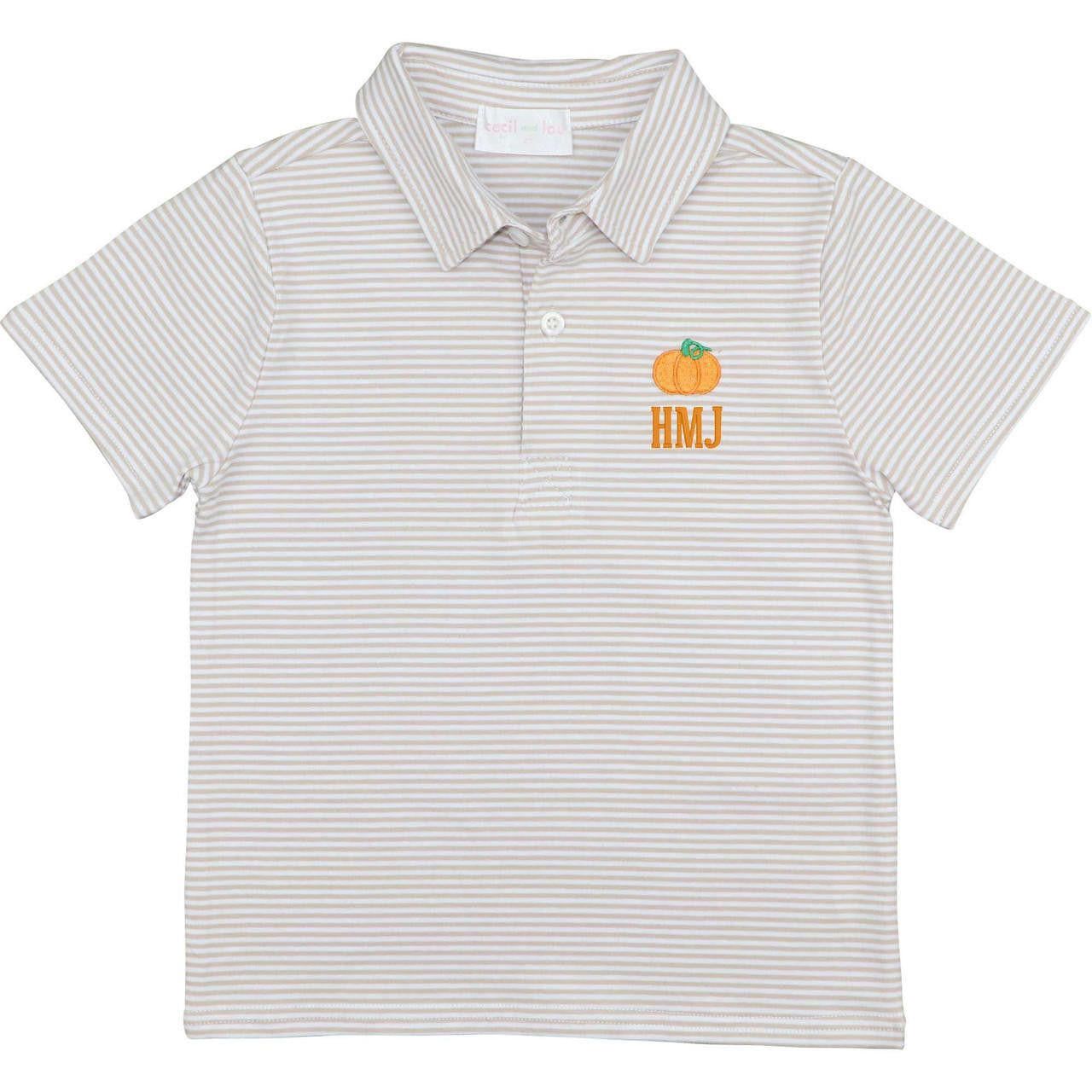 Khaki Stripe Knit Embroidered Pumpkin Polo Shirt