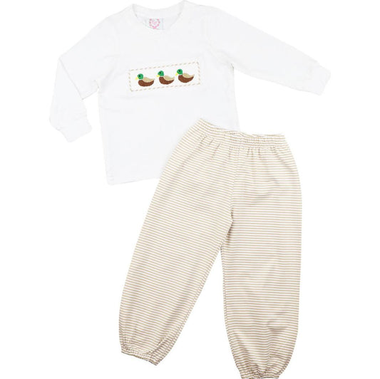 Khaki Stripe Knit Smocked Mallard Pant Set