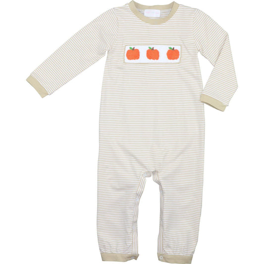 Khaki Stripe Knit Smocked Pumpkin Long Romper
