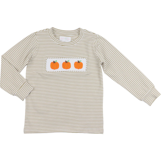 Khaki Stripe Knit Smocked Pumpkin Shirt
