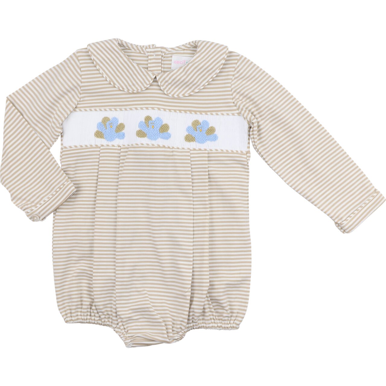 Khaki Stripe Knit Smocked Turkeys Bubble