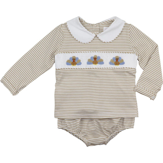 Khaki Stripe Knit Smocked Turkeys Diaper Set