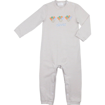 khaki stripe long romper with monogram "oliver" on a white background
