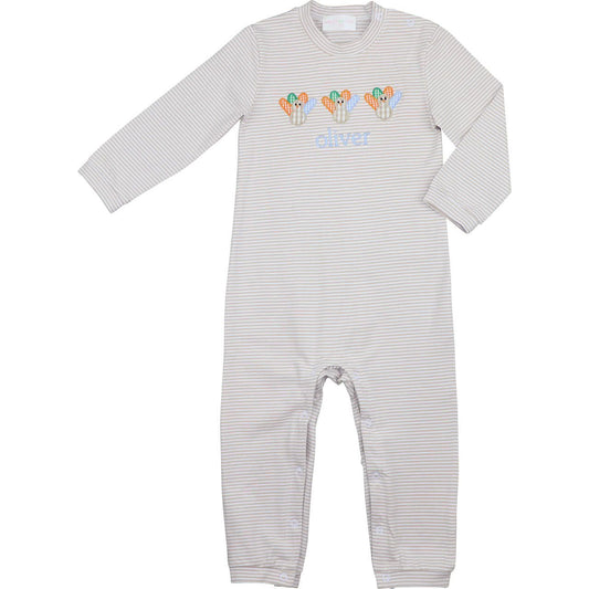 khaki stripe long romper with monogram "oliver" on a white background