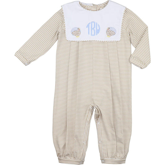 Khaki Striped Knit Embroidered Turkey Long Romper