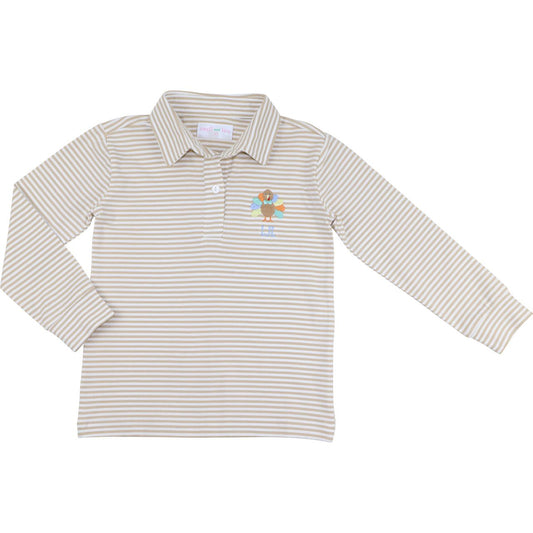 khaki stripped long-sleeve polo shirt with a Turkey on a white background
