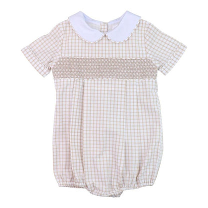 Khaki Windowpane Smocked Bubble