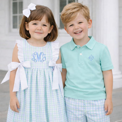 Blue And Mint Windowpane Polo Short Set