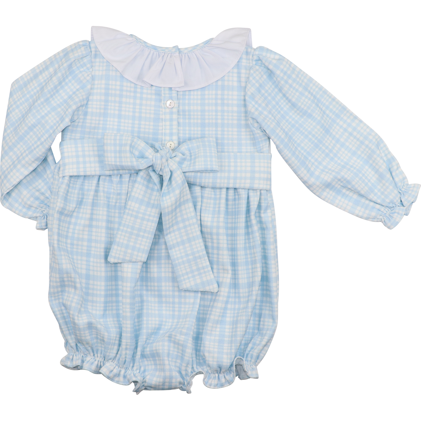 Blue Plaid Corduroy Custom Smocked Ruffle Bubble