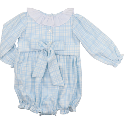 Blue Plaid Corduroy Custom Smocked Ruffle Bubble