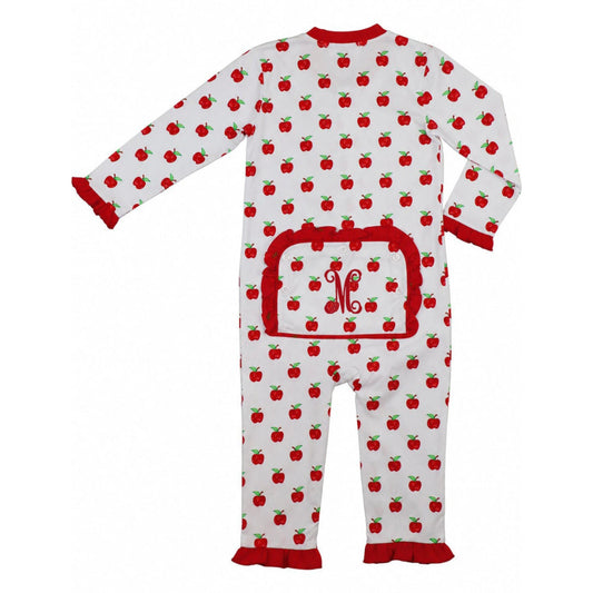 Children's onesie with red apple pattern and monogram on a white background