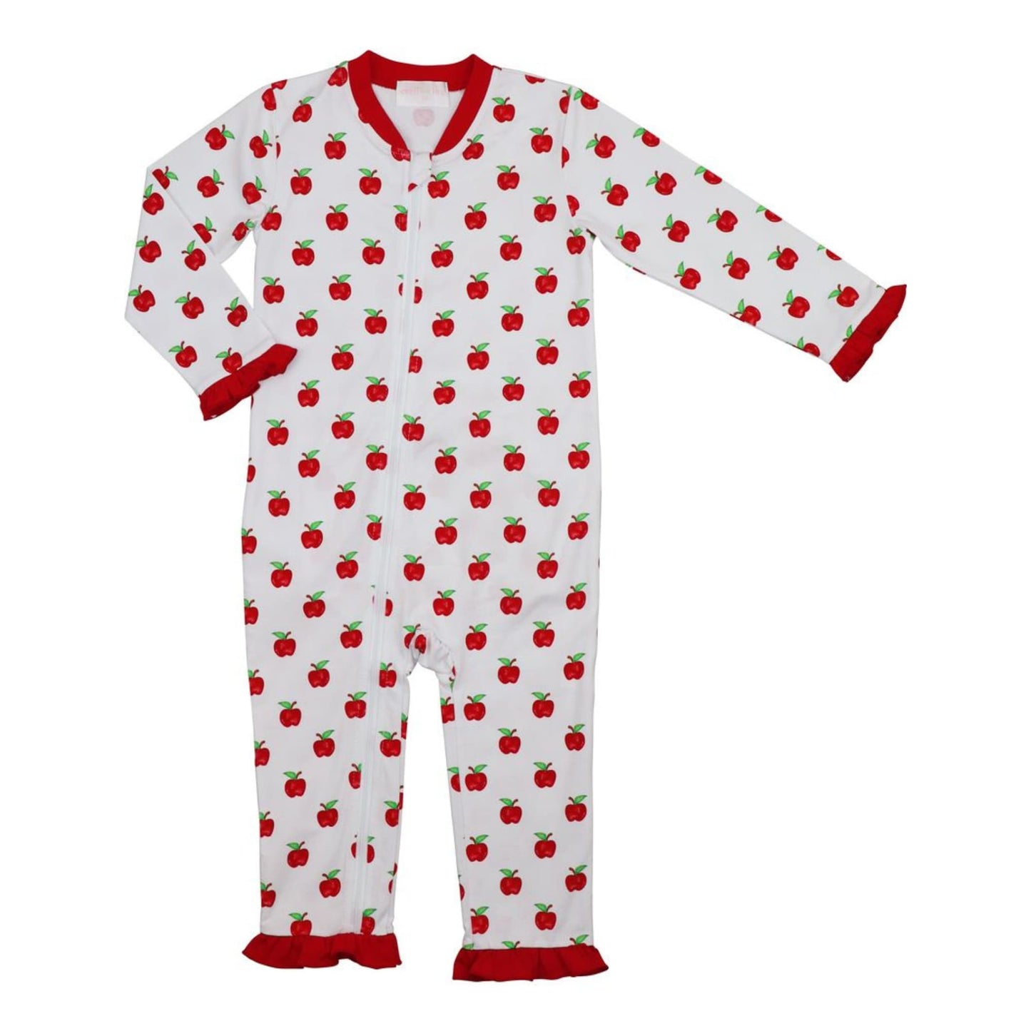 Children's onesie with red apple pattern on a white background