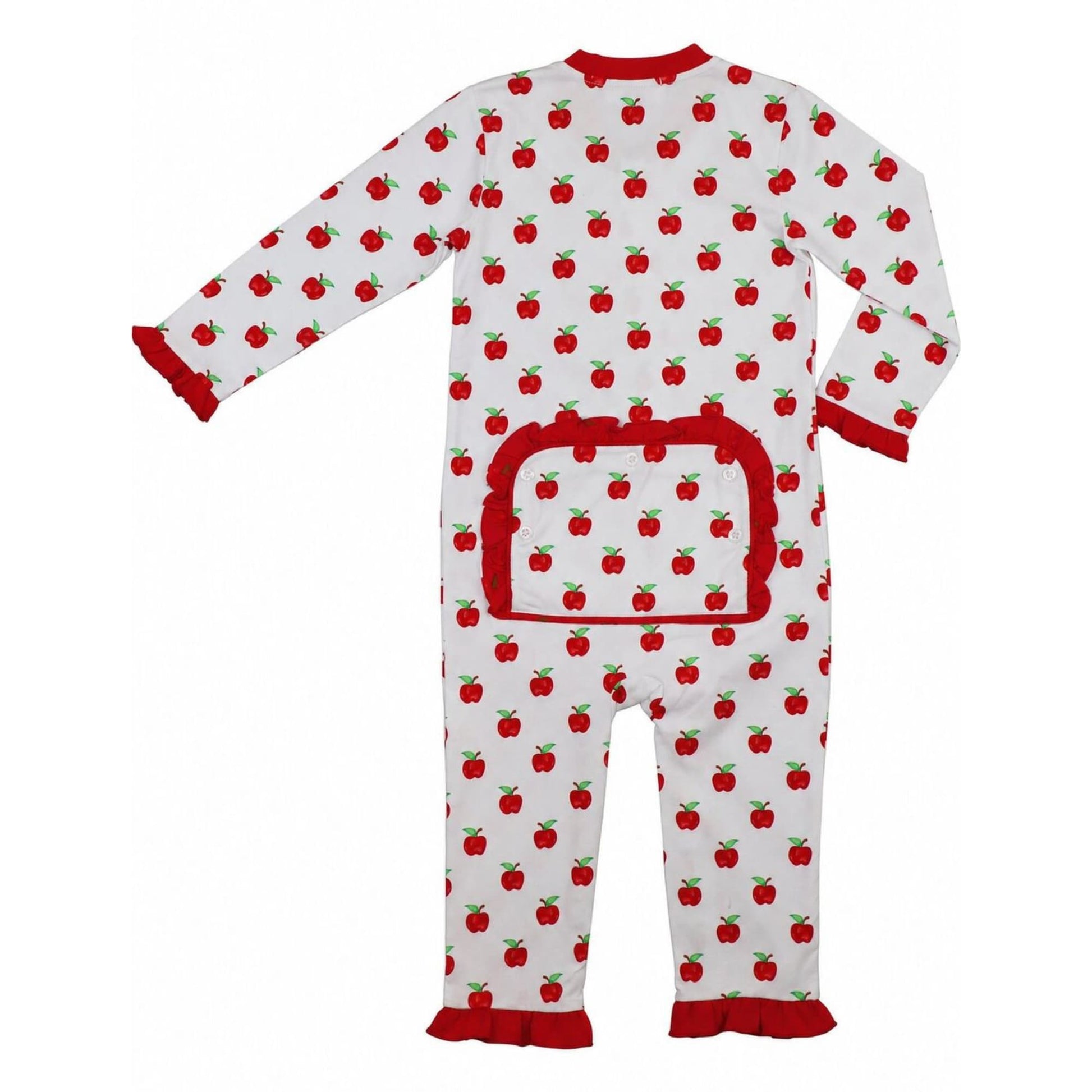 Children's onesie with red apple pattern on a white background