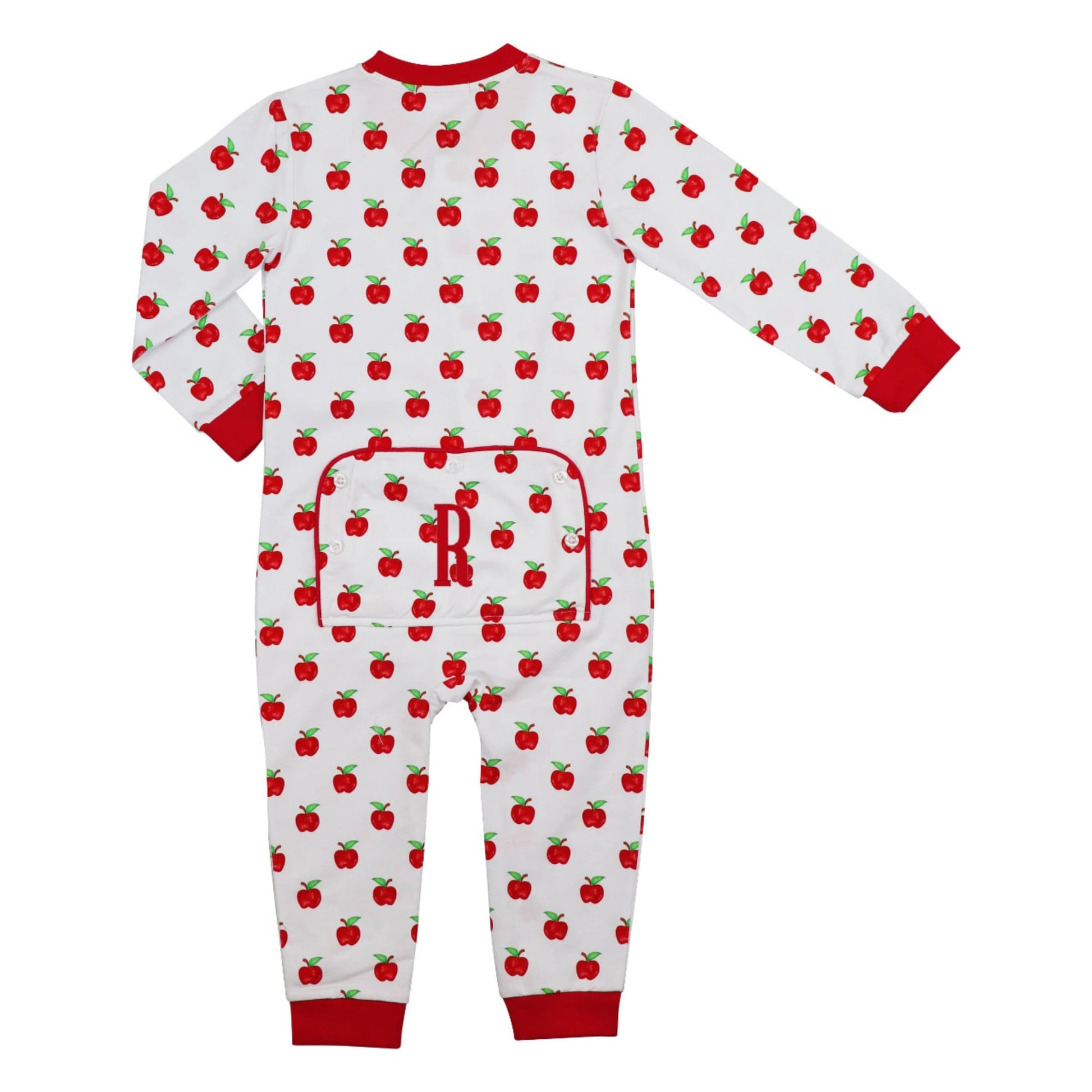 Children's onesie with red apple pattern on a white background