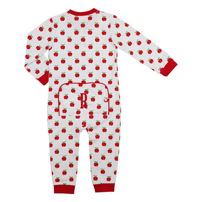 Children's onesie with red apple pattern on a white background