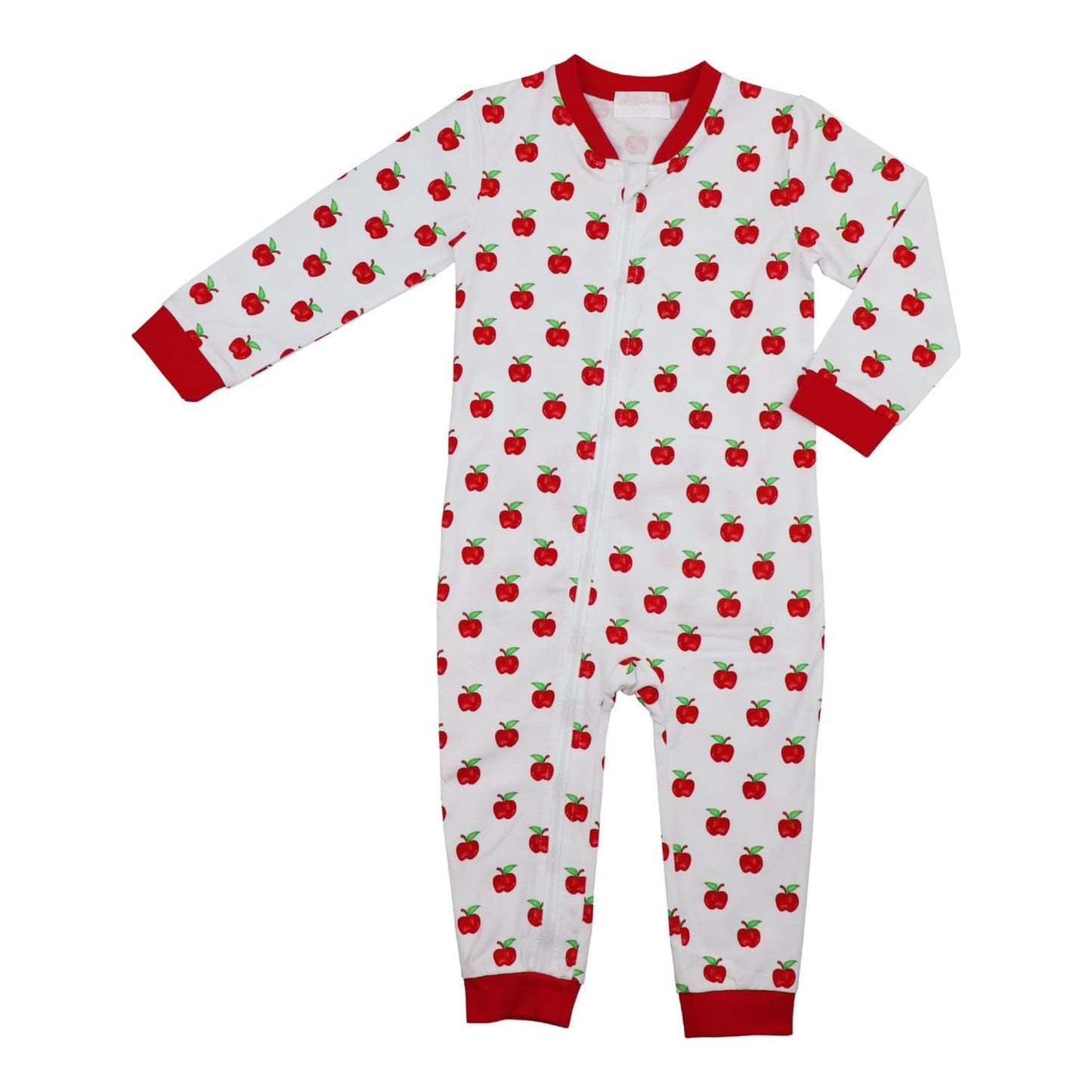 Children's onesie with red apple pattern on a white background