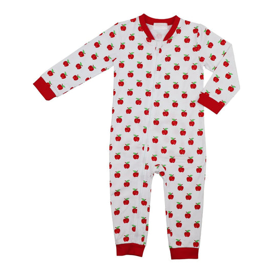 Children's onesie with red apple pattern on a white background