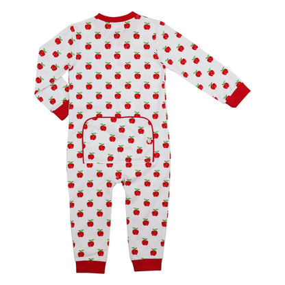 Children's onesie with red apple pattern on a white background