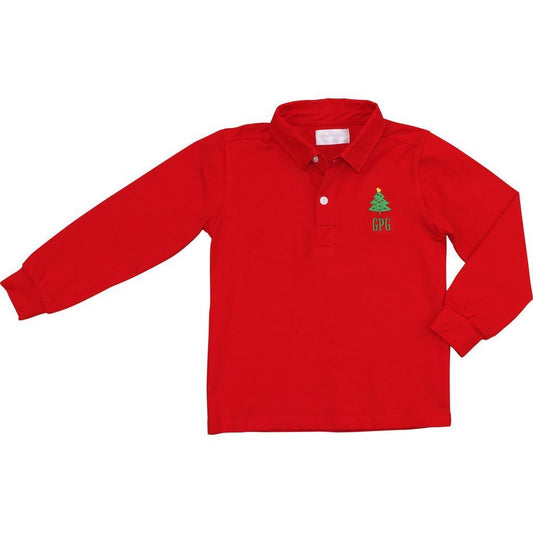 Red Knit Embroidered Christmas Tree Polo Shirt