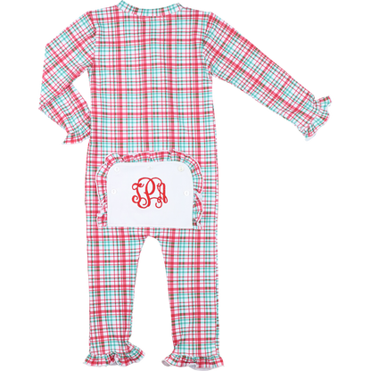 Red And Green Plaid Knit Zipper Ruffle Pajamas