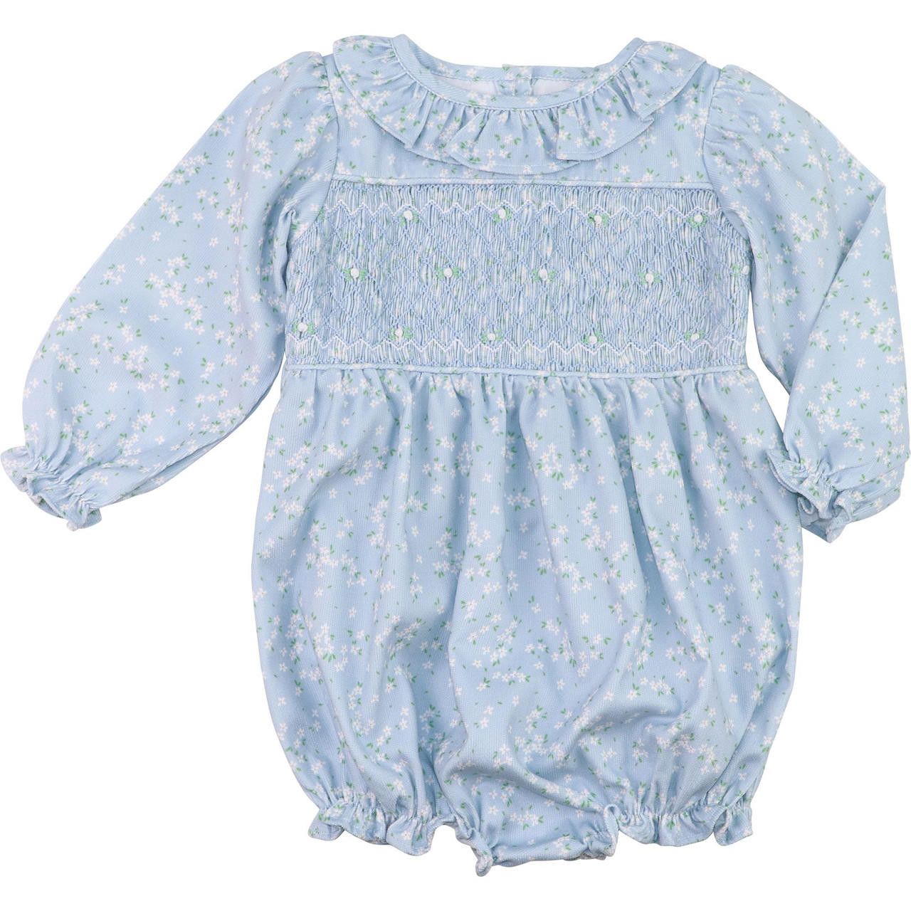 Blue Floral Corduroy Smocked Bubble