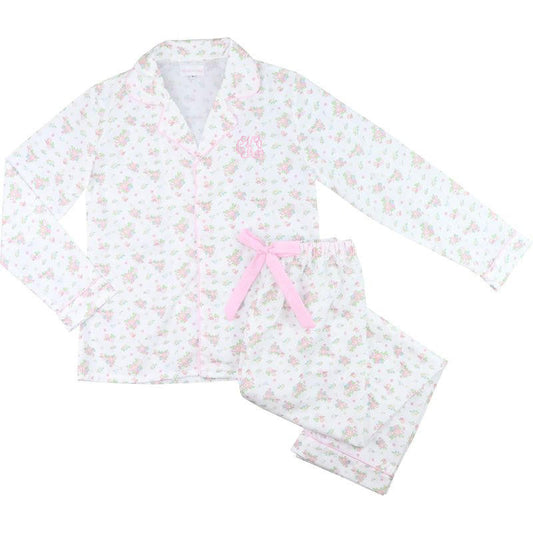 Ladies floral pajama set with a pink bow on a white background
