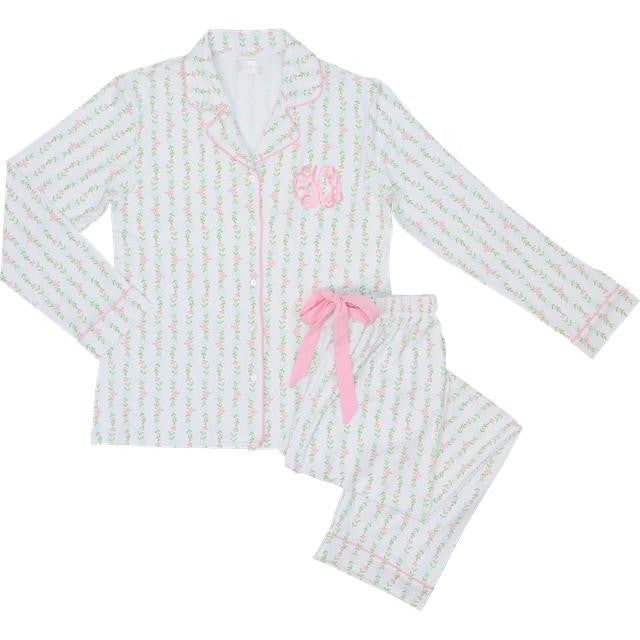 Ladies pajama set with long-sleeve top and pants on a white background