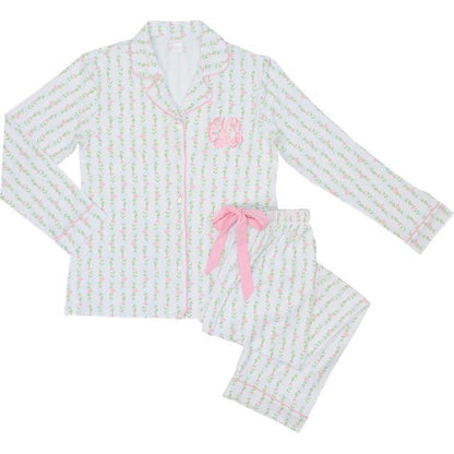 Ladies pajama set with long-sleeve top and pants on a white background