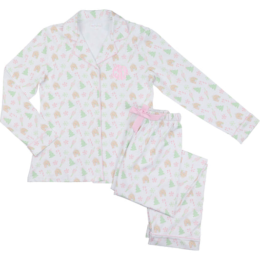 Ladies pajama set with pastel tree pattern on a white background