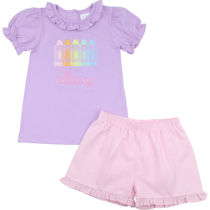 Lavender Applique Crayons Short Set