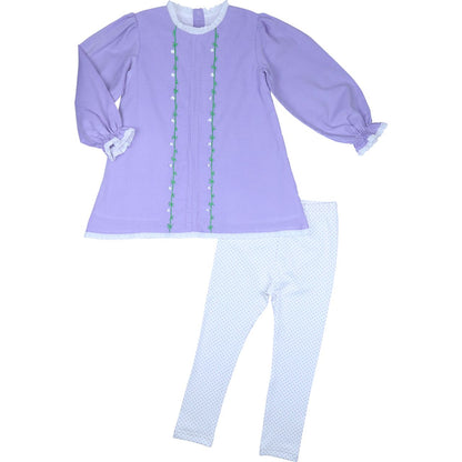 Lavender embroidered corduroy tunic with coordinating dotted leggings