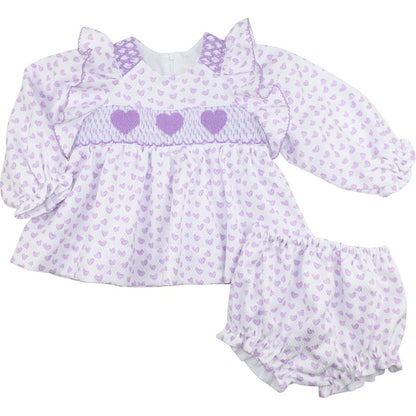 Lavender Smocked Hearts Diaper Set