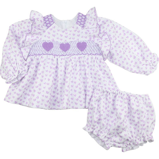 Lavender Smocked Hearts Diaper Set
