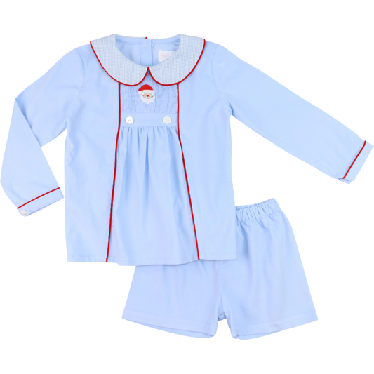 Blue And Red Corduroy Smocked Santa Short Set