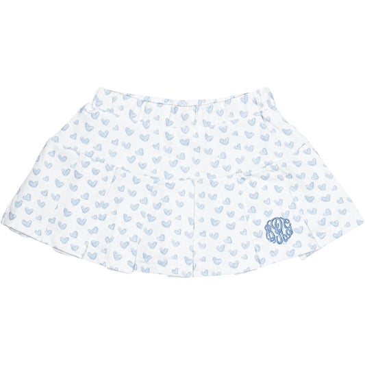 Light Blue Heart Print Knit Tennis Skirt with blue monogram