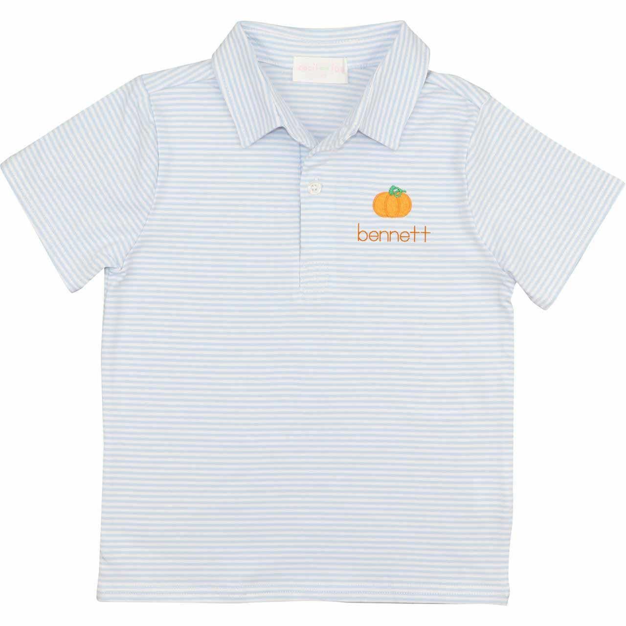 Light Blue Stripe Knit Embroidered Pumpkin Polo Shirt