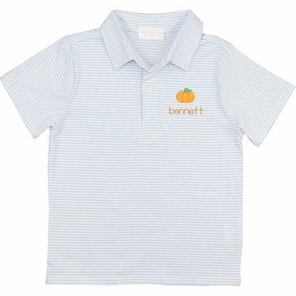 Light Blue Stripe Knit Embroidered Pumpkin Polo Shirt