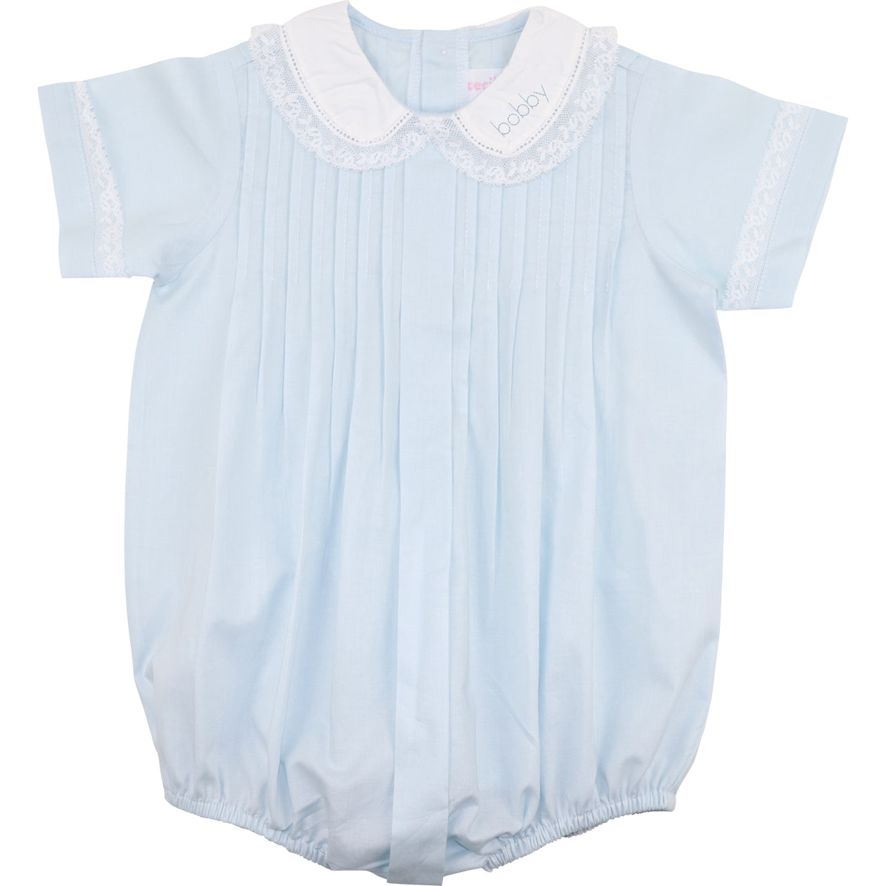 Light blue baby romper with white collar on a white background