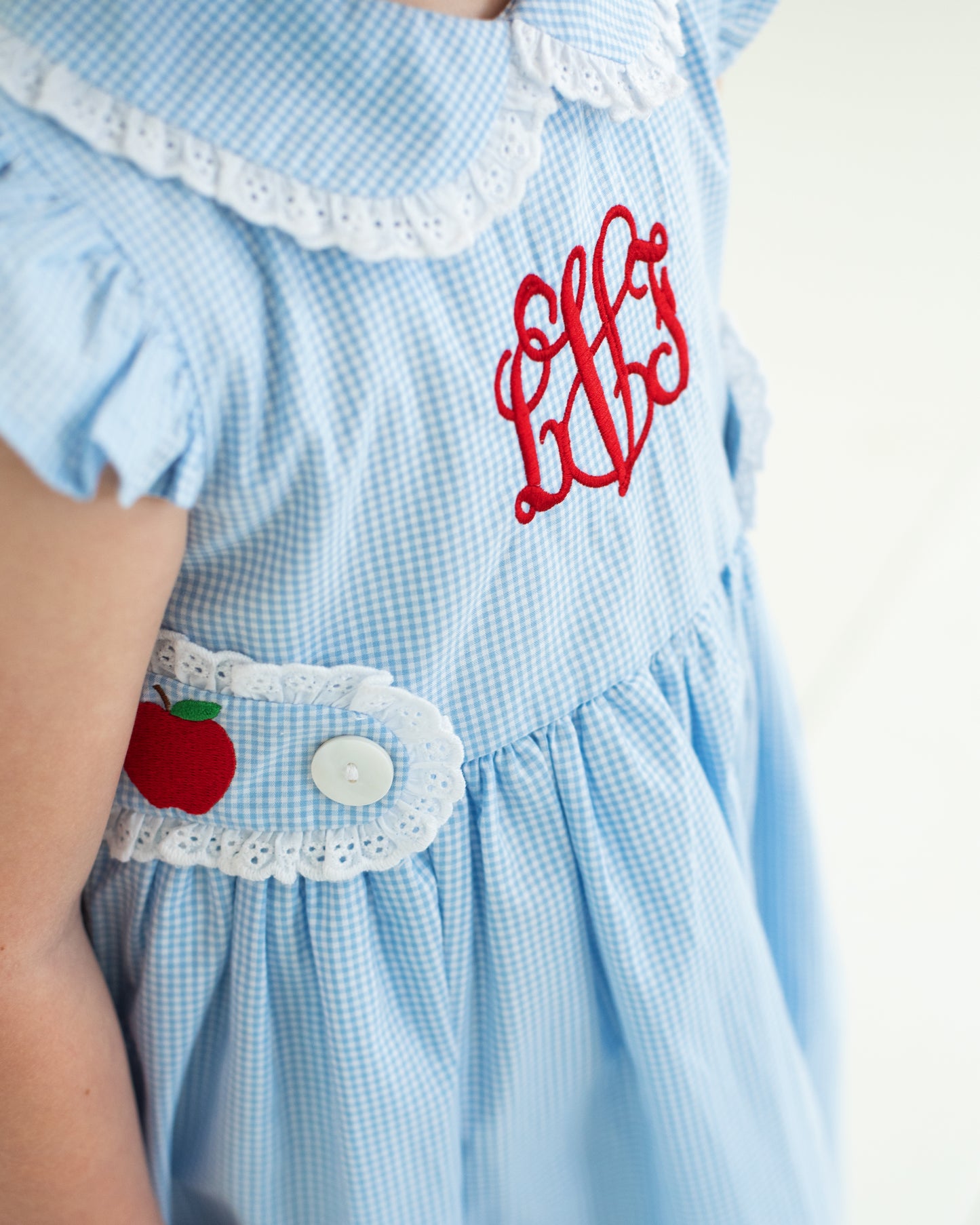 Light blue checkered dress with red monogram and apple detail on a white background