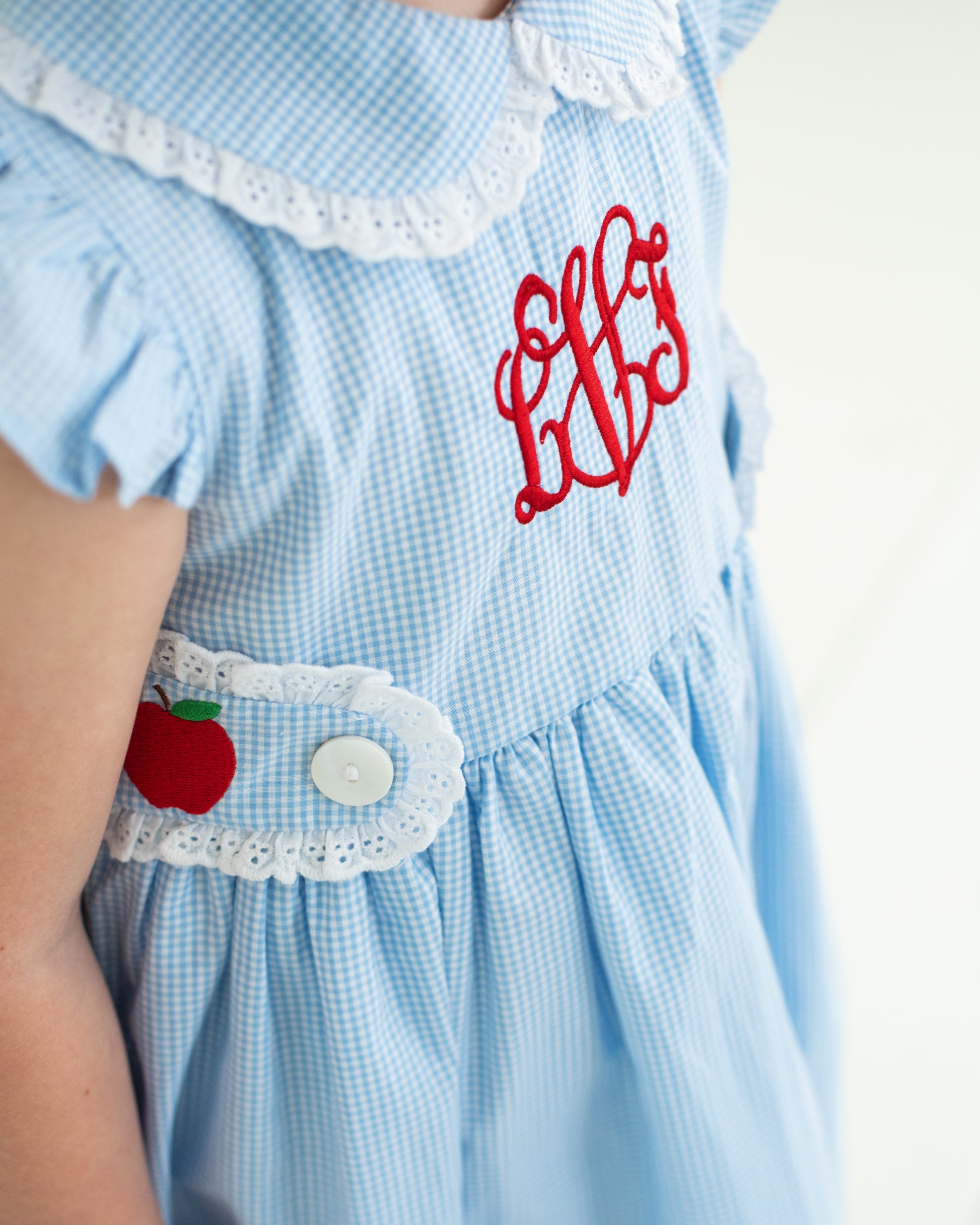 Light blue checkered dress with red monogram and apple detail on a white background
